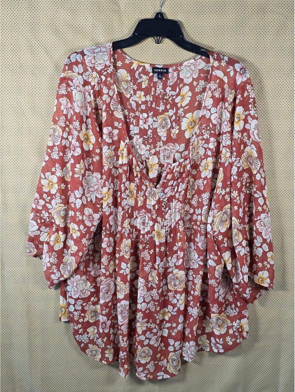 Torrid Size 4 Rust Floral Babydoll Tunic Blouse Bell Sleeve Boho Plus Size